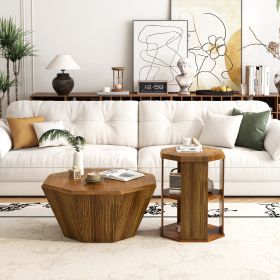 31.5 "Octagonal Log Color Rubber wood Set of Two Coffee Table, Coffee Table, Living Room Bedroom(Set of Two Pieces)
