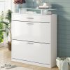[VIDEO provided] ON-TREND Slim Entryway Organizer with 2 Flip Drawers, Tempered Glass Top Shoe Storage Cabinet with Drawer