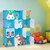 4 layers, 12 grids with animal patterns and 2 hanging rods, Rubik's cube wardrobe, plastic, steel wire, 105*35*140cm, patterned door, blue cabinet