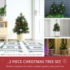 HOMCOM 22.5in Christmas Tree 2-Pack Outdoor Pre-Lit Artificial Pine Cordless with 24 Warm White Lights and Stakes