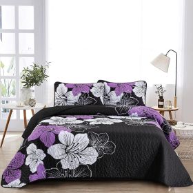 Floral Quilt Set 3 Pieces Boho Blue Floral Quilt Coverlet Set Soft Microfiber Lightweight Quilted Bedspread (Color: Purple -King)